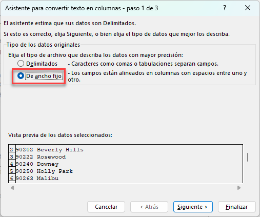 Convertir Texto a Columnas Ancho Fijo Paso 1 de 3