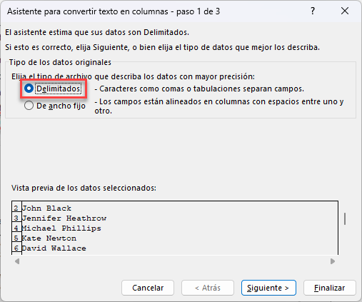 Convertir Texto a Columnas Paso 1 de 3