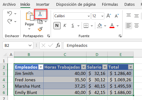 Cortar Tabla Seleccionada