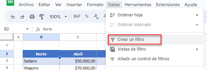 Crear Filtro en Google Sheets