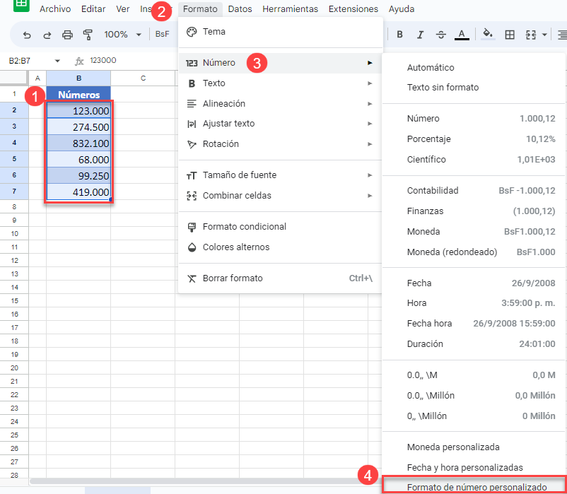 Dar Formato a Números en Google Sheets