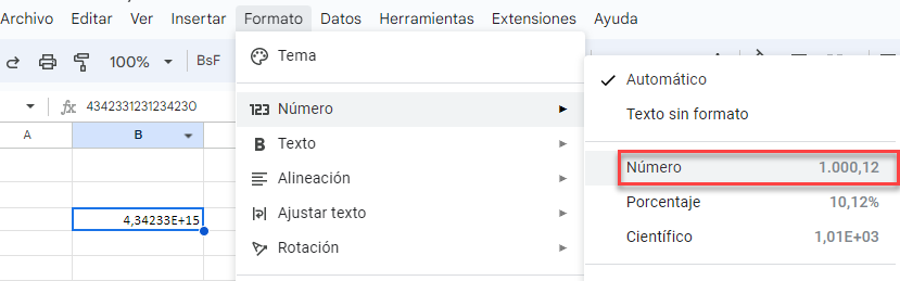 Dar Formato de Número a Celda en Google Sheets