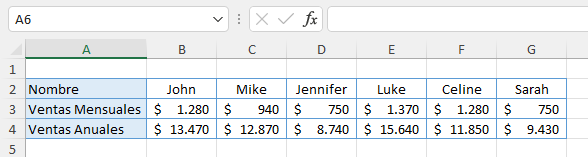 Datos Ejemplo Ordenar Varias Filas Horizontalmente en Excel