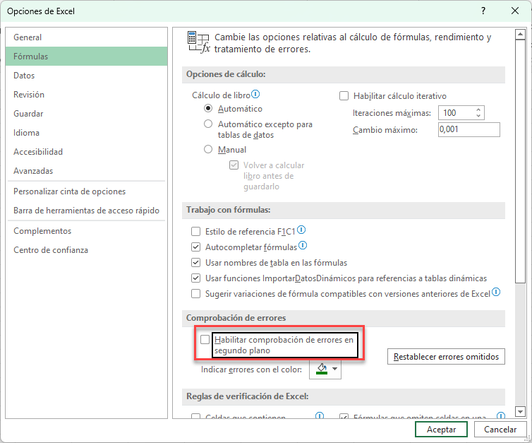 Deshabilitar Comprobación de Errores en Segundo Plano