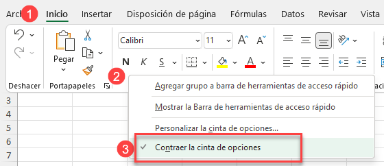 Desmarcar la Opcion de Contraer la Cinta de Opciones