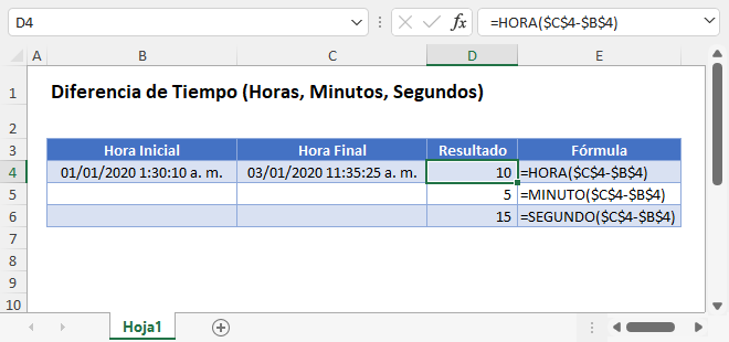 Diferencia de Tiempo Horas Minutos Segundos en Excel y Google Sheets