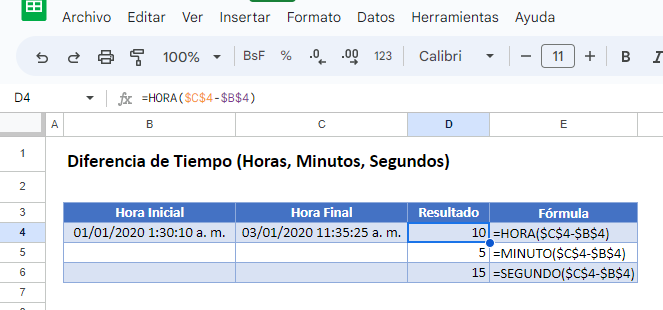 Diferencia de Tiempos Horas Minutos Segundos en Google Sheets