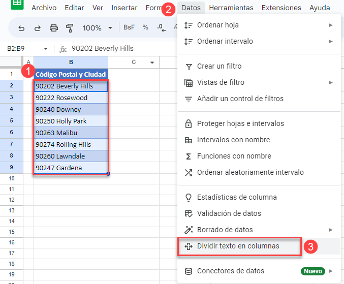 Dividir Texto en Columnas en Google Sheets