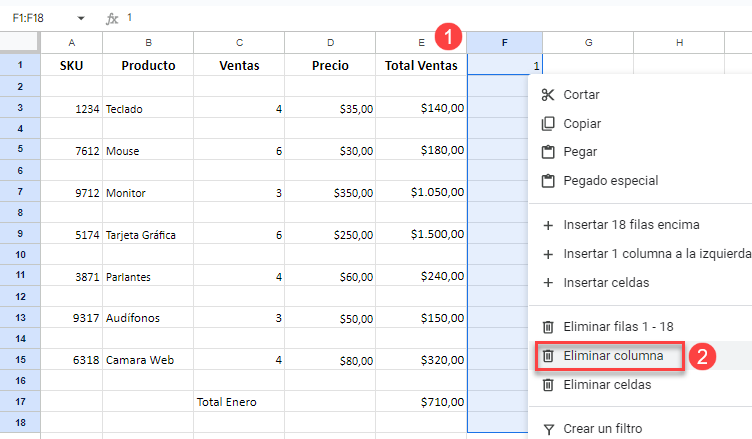 Eliminar Columna en Google Sheets