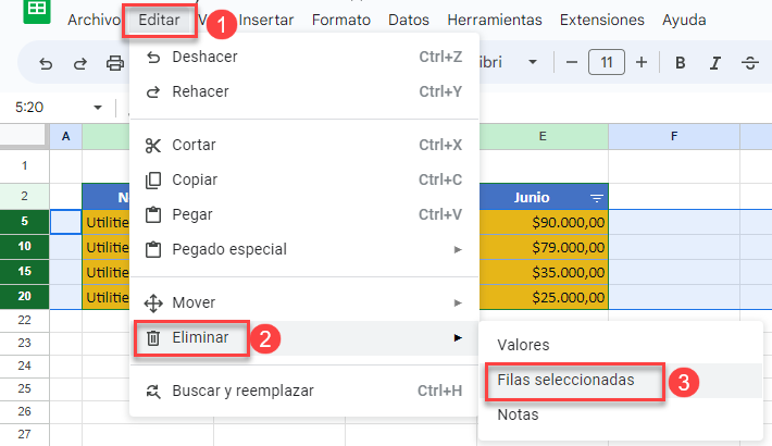 Eliminar Filas Seleccionadas en Google Sheets