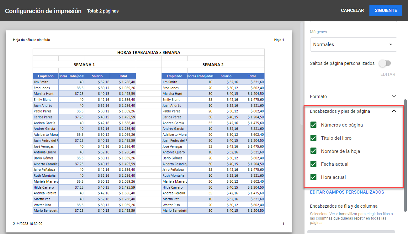 Encabezado y Pié de Página en Google Sheets