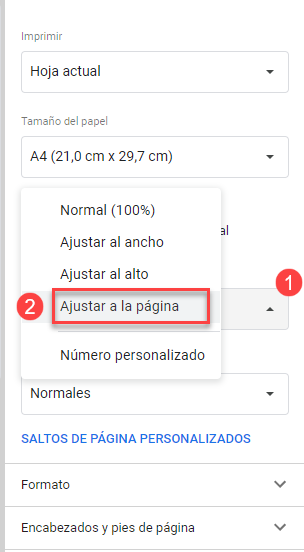 Escala Ajustar a la Página en Google Sheets