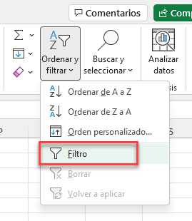 Filtro desde Cinta de Opciones en Excel