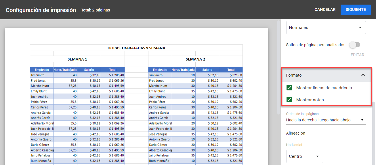 Formato de Impresión en Google Sheets