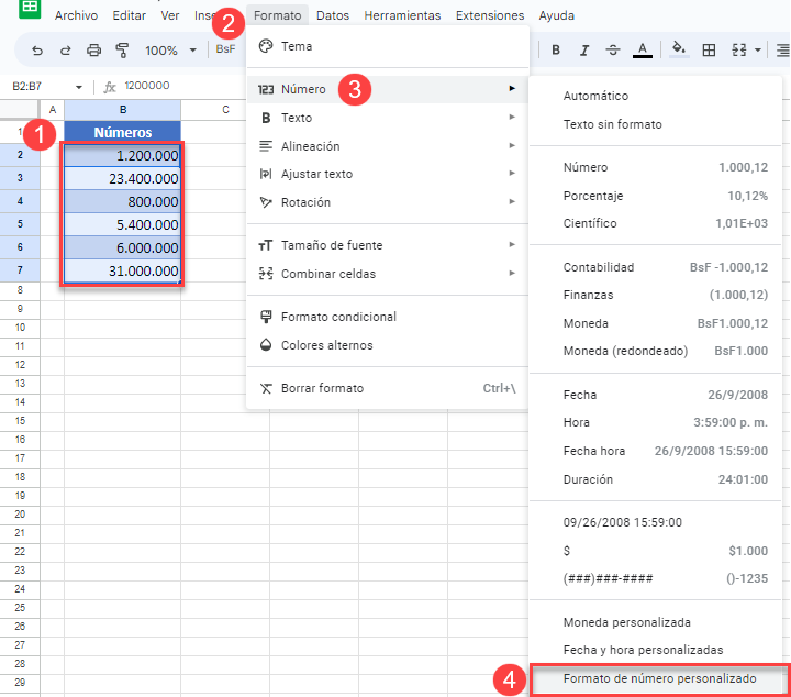 Formato de Número Personalizado en Google Sheets