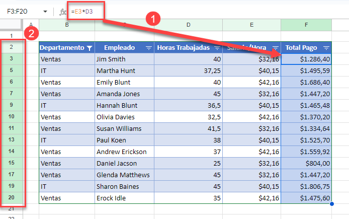 Fórmula Copiada Hacia Abajo en Tabla Filtrada en Google Sheets