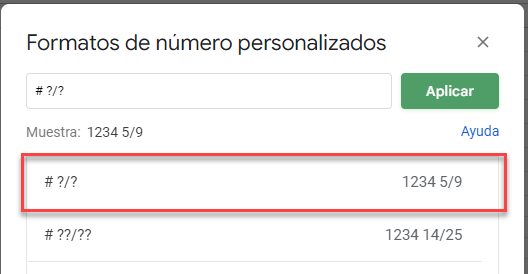 Fracciones 1 Dígito Formato de Número Personalizado en Google Sheets