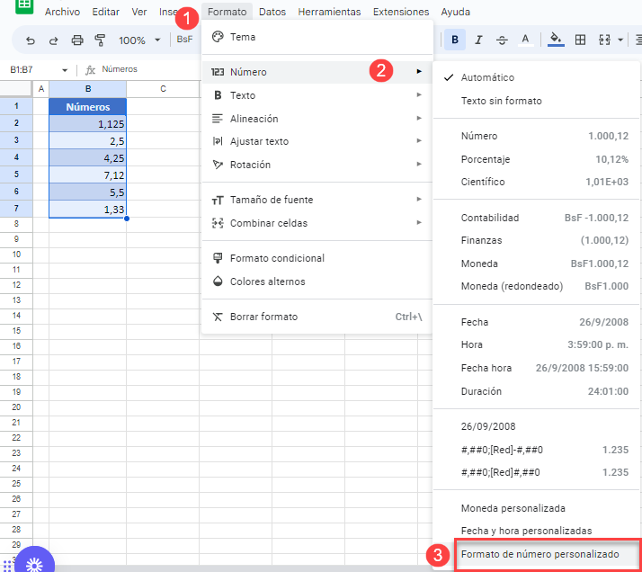 Fracciones Formato de Número Personalizado en Google Sheets