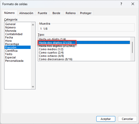 Fracciones de Hasta Dos Dígitos en Excel