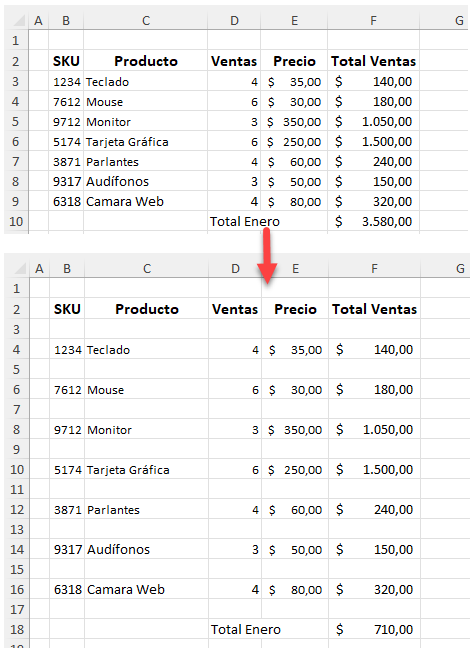 Insertar Filas Alternas en Blanco en Excel y Google Sheets