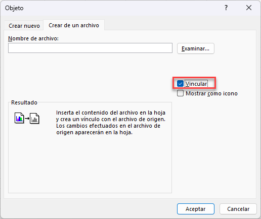 Insertar Objeto en Hoja de Excel y Vincular