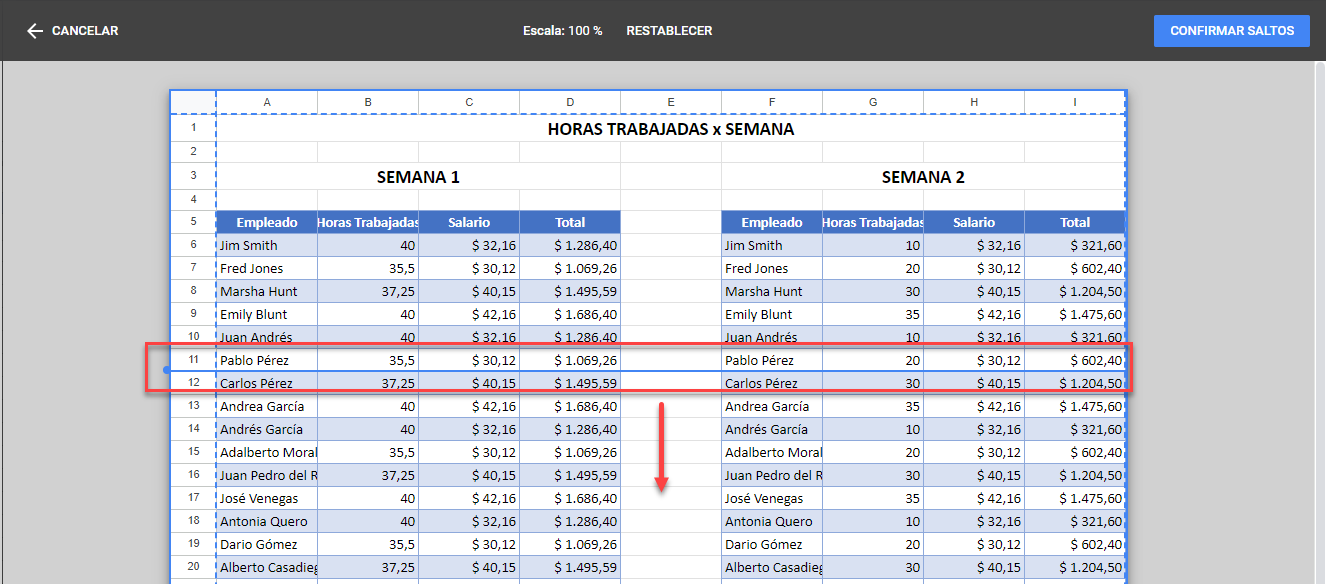 Insertar Saltos de Página Personalizados en Google Sheets