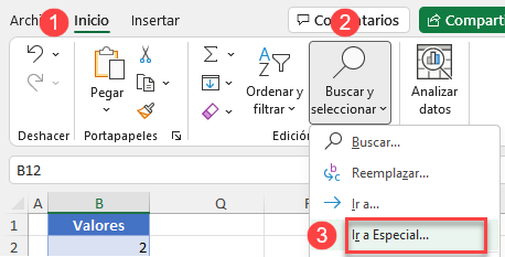 Ir a Especial en Excel