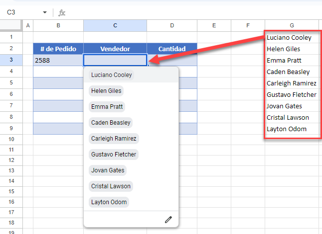 Lista Desplegable de un Intervalo de Datos en Google Sheets