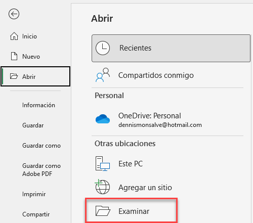 Menú Abrir Examinar en Excel