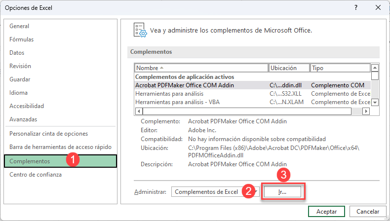 Menú Administrar Complementos de Excel