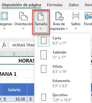 Menú Configurar Página Cambiar Tamaño de Papel en Excel