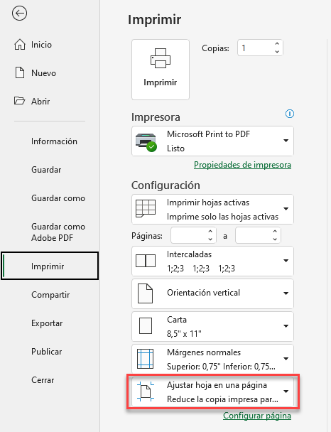 Menú Imprimir Ajustar Hoja en Una Página en Excel