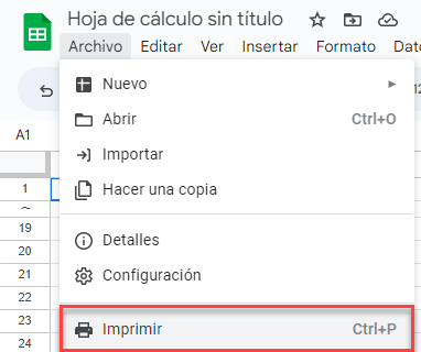 Menú Imprimir en Google Sheets