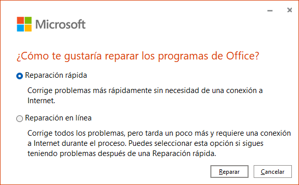 Menú Reparación Office 365