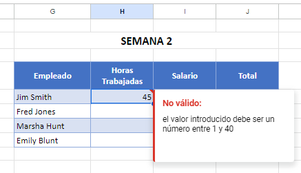 Muestra de Validación de Datos Pegada en Google Sheets