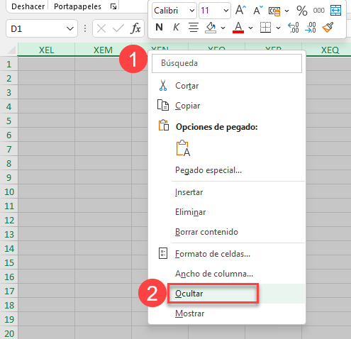 Ocultar Columnas con Menú Contextual en Excel