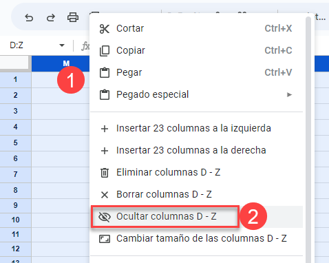 Ocultar Columnas en Google Sheets