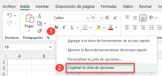 Ocultar Contraer la Cinta de Opciones