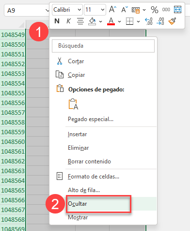 Ocultar Filas con Menú Contextual en Excel