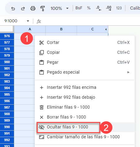 Ocultar Filas en Google Sheets