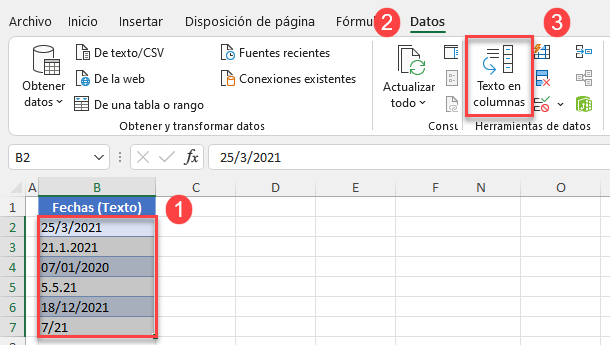 Opción Comando Texto en Columnas en Excel