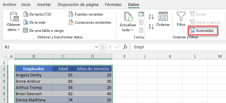 Opción de Filtros Avanzados