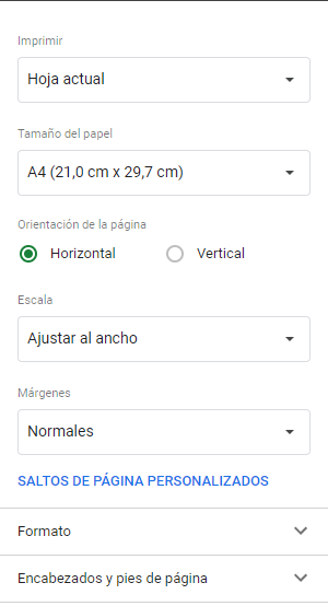 Opciones de Impresión Configurar Página en Google Sheets