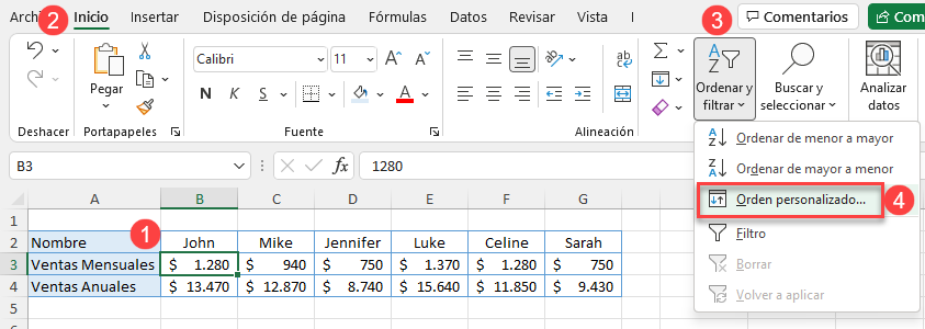 Orden Horizontal Personalizado en Excel