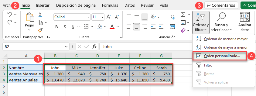 Ordenar Varias Filas Horizontalmente en Excel y Google Sheets ...