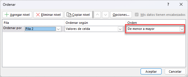 Ordenar de Izquierda a Derecha de Menor a Mayor en Excel