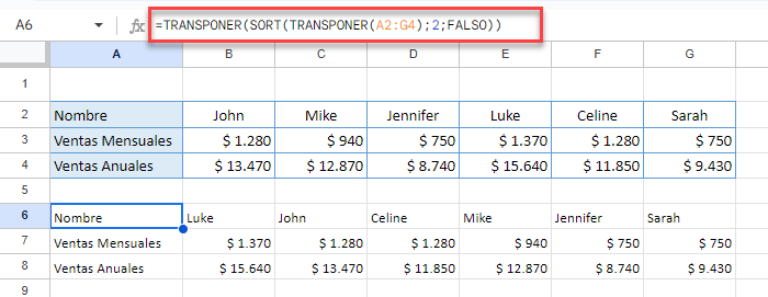 Ordenar por Filas en Google Sheets