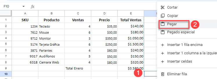 Pegar Selección en Google Sheets