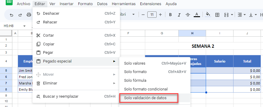 Pegar Solo Validación de Datos en Google Sheets