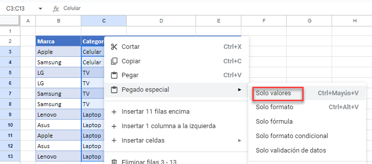 Pegar Valores en Google Sheets